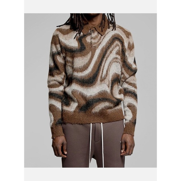 Twenty Montreal Men's Sweater Size L Brown Swirl Wool Collared Fuzzy $425